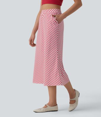 High Waisted Stripe Midi Casual Skirt with Pockets