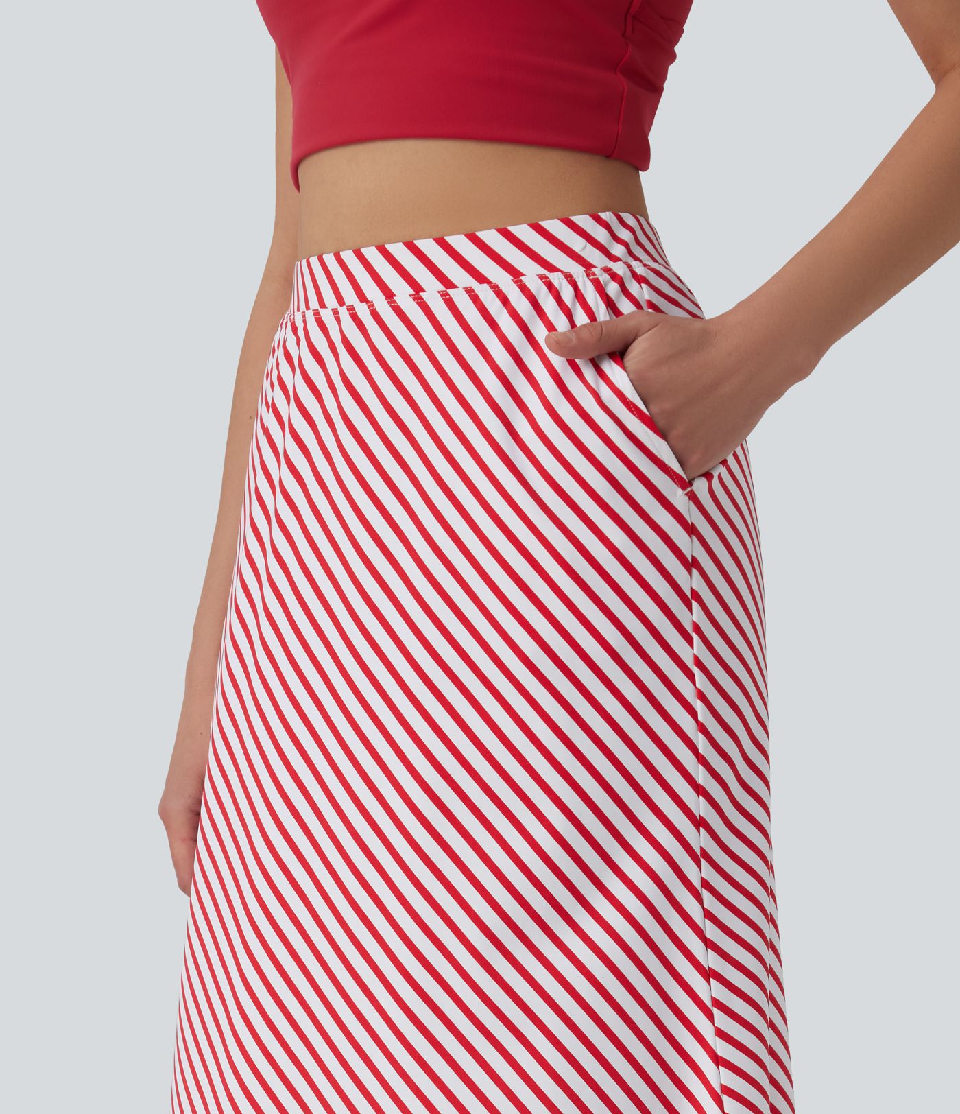High Waisted Stripe Midi Casual Skirt with Pockets