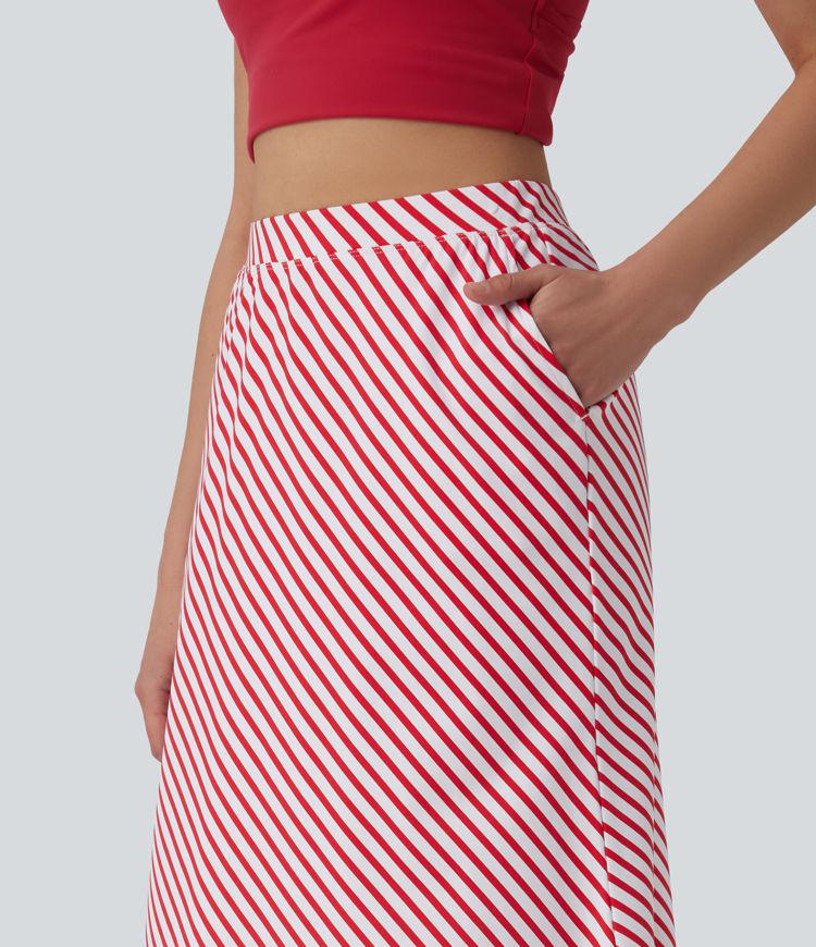 High Waisted Stripe Midi Casual Skirt with Pockets