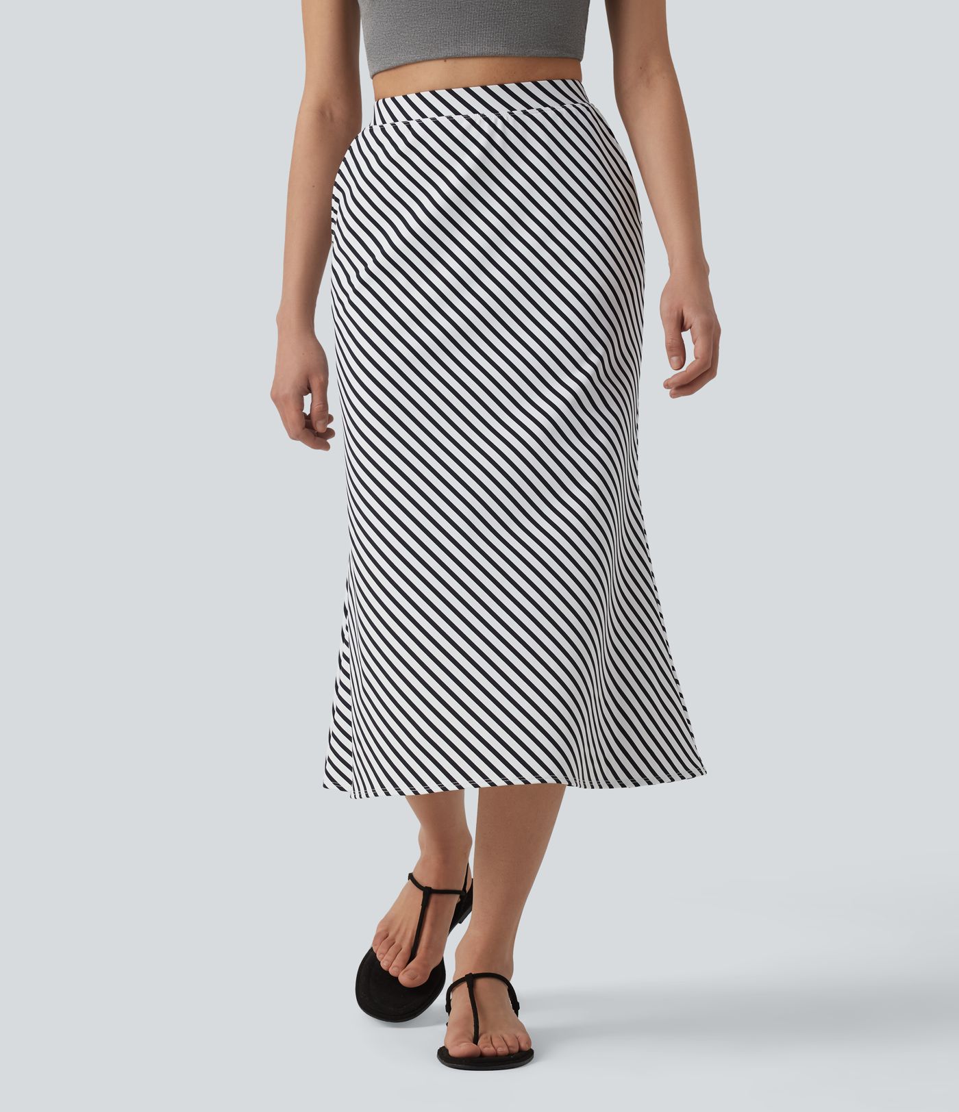 Lässiger Midirock mit hohem Bund, Seitentaschen und Streifen