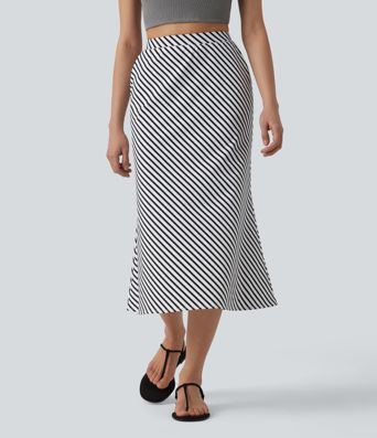 Lässiger Midirock mit hohem Bund, Seitentaschen und Streifen