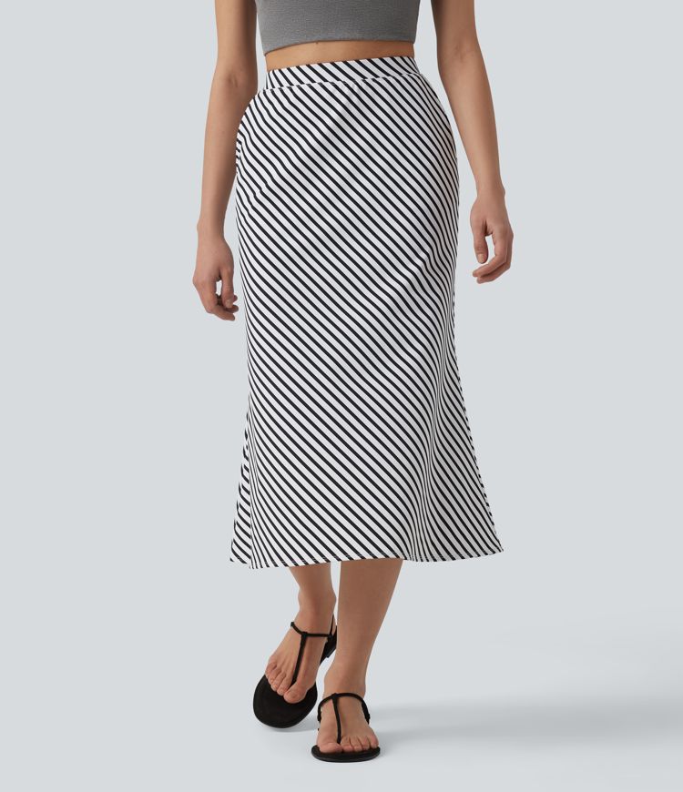 Lässiger Midirock mit hohem Bund, Seitentaschen und Streifen
