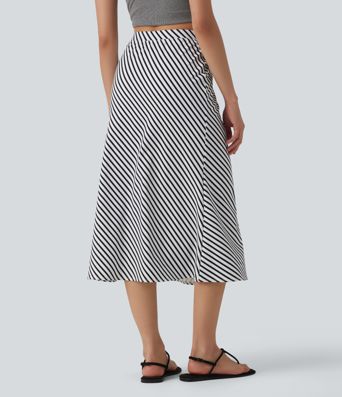 Lässiger Midirock mit hohem Bund, Seitentaschen und Streifen