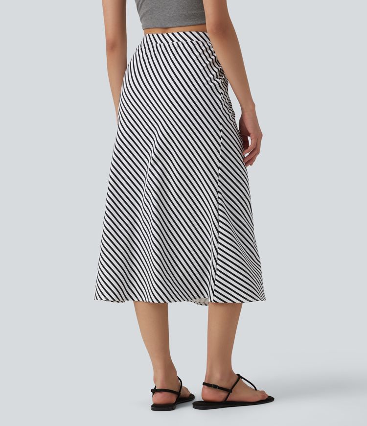 Lässiger Midirock mit hohem Bund, Seitentaschen und Streifen