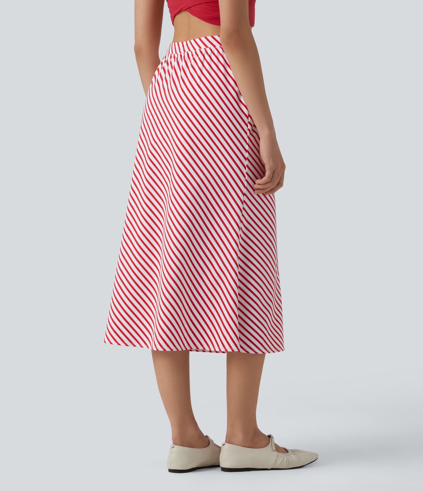 High Waisted Stripe Midi Casual Skirt with Pockets