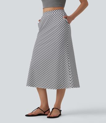 Lässiger Midirock mit hohem Bund, Seitentaschen und Streifen