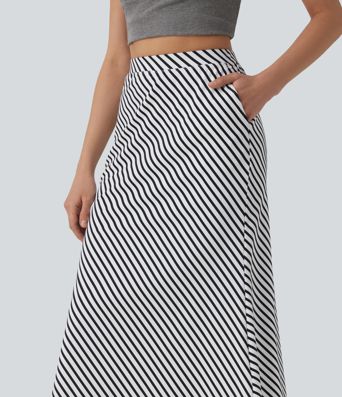 Lässiger Midirock mit hohem Bund, Seitentaschen und Streifen