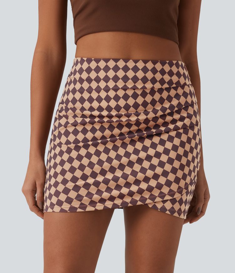 Halara UltraSculpt™ Check Print High Waisted Crossover Hem 2-in-1 Bodycon Mini Casual Skirt