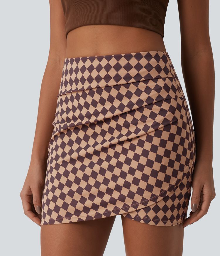 Halara UltraSculpt™ Check Print High Waisted Crossover Hem 2-in-1 Bodycon Mini Casual Skirt