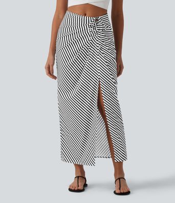 Mid Rise Tie Front Bodycon Ruched Floral/Stripe Print Maxi Skirt Mid Rise Tie Front Bodycon Ruched Floral/Stripe Print Maxi Skirt