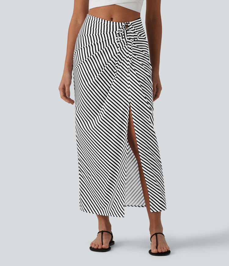 Mid Rise Tie Front Bodycon Ruched Floral/Stripe Print Maxi Skirt Mid Rise Tie Front Bodycon Ruched Floral/Stripe Print Maxi Skirt