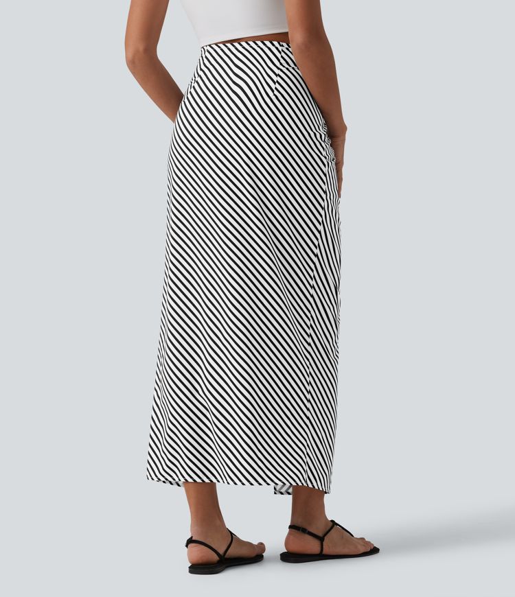 Mid Rise Tie Front Bodycon Ruched Floral/Stripe Print Maxi Skirt Mid Rise Tie Front Bodycon Ruched Floral/Stripe Print Maxi Skirt