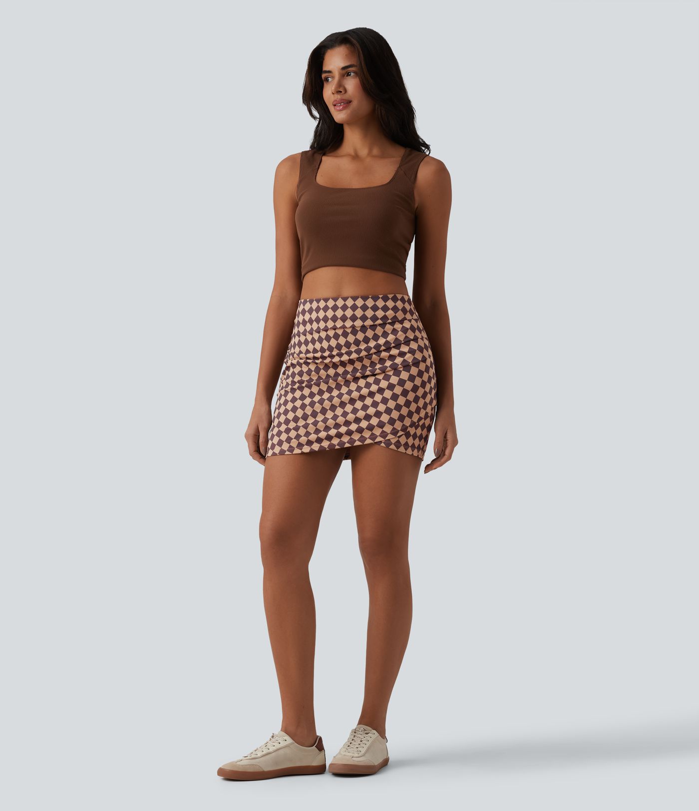 Halara UltraSculpt™ Check Print High Waisted Crossover Hem 2-in-1 Bodycon Mini Casual Skirt