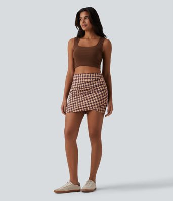 Halara UltraSculpt™ Check Print High Waisted Crossover Hem 2-in-1 Bodycon Mini Casual Skirt