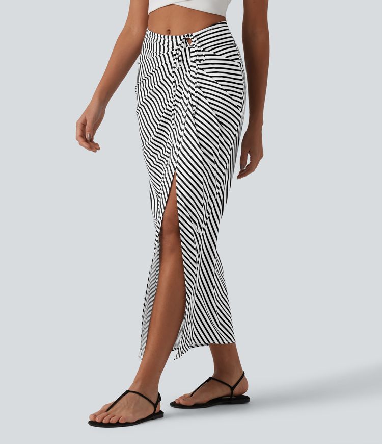 Mid Rise Tie Front Bodycon Ruched Floral/Stripe Print Maxi Skirt Mid Rise Tie Front Bodycon Ruched Floral/Stripe Print Maxi Skirt