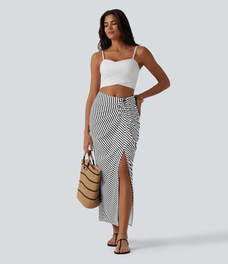 Mid Rise Tie Front Bodycon Ruched Floral/Stripe Print Maxi Skirt Mid Rise Tie Front Bodycon Ruched Floral/Stripe Print Maxi Skirt