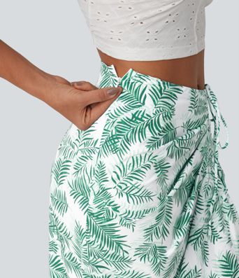 Mid Rise Tie Front Bodycon Ruched Floral/Stripe Print Maxi Skirt