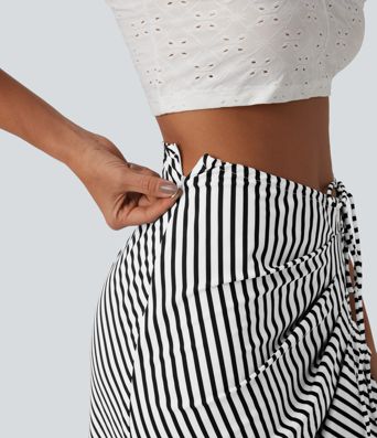 Mid Rise Tie Front Bodycon Ruched Floral/Stripe Print Maxi Skirt Mid Rise Tie Front Bodycon Ruched Floral/Stripe Print Maxi Skirt