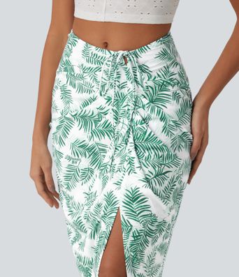 Mid Rise Tie Front Bodycon Ruched Floral/Stripe Print Maxi Skirt