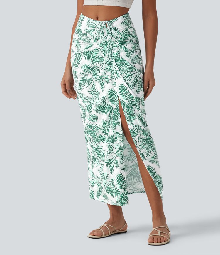 Mid Rise Tie Front Bodycon Ruched Floral/Stripe Print Maxi Skirt