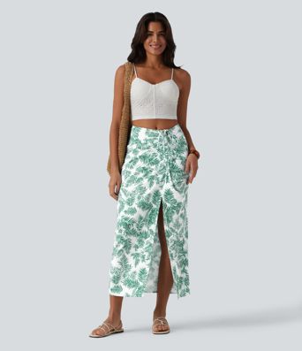 Mid Rise Tie Front Bodycon Ruched Floral/Stripe Print Maxi Skirt