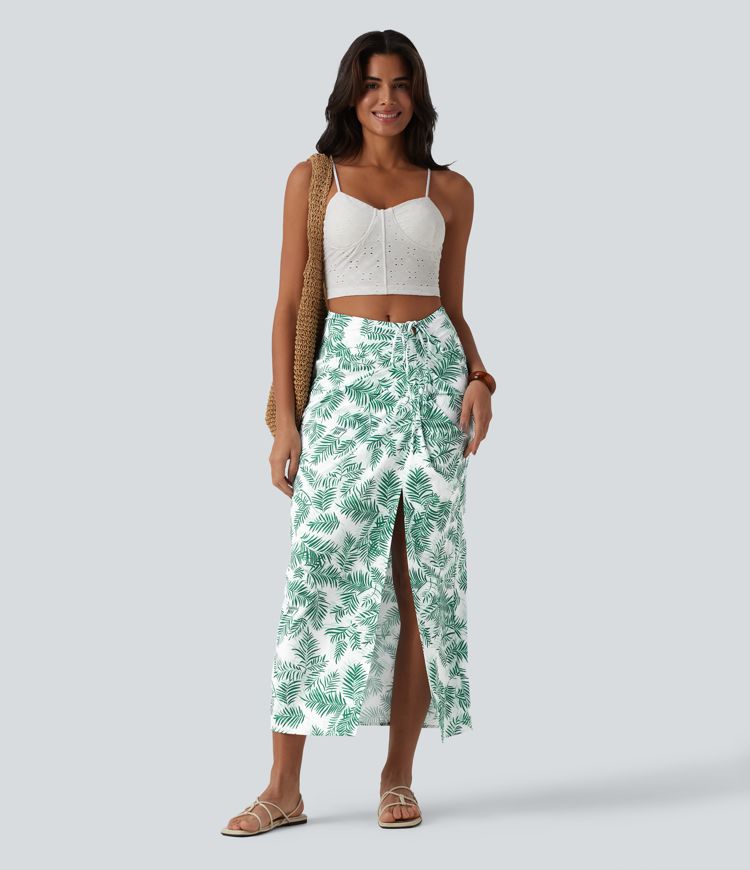Mid Rise Tie Front Bodycon Ruched Floral/Stripe Print Maxi Skirt