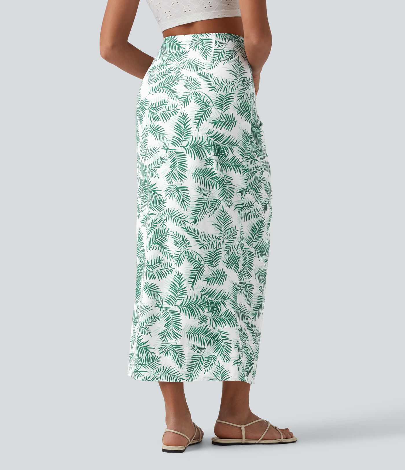 Mid Rise Tie Front Bodycon Ruched Floral/Stripe Print Maxi Skirt
