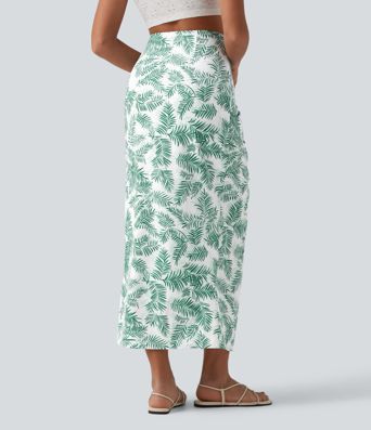 Mid Rise Tie Front Bodycon Ruched Floral/Stripe Print Maxi Skirt