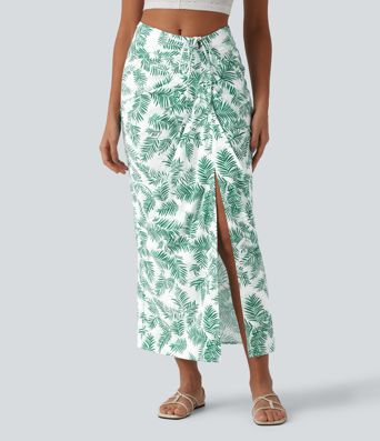 Mid Rise Tie Front Bodycon Ruched Floral/Stripe Print Maxi Skirt