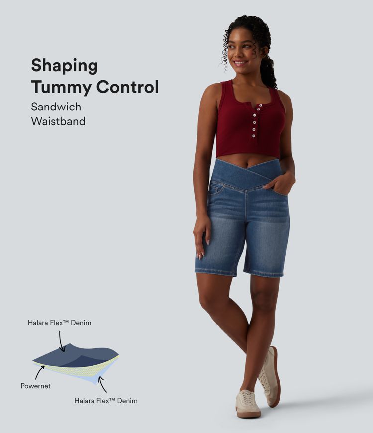 Halara Flex™ High Waisted Crossover Tummy Control Denim Casual Shorts with Pockets