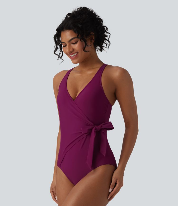 Einteiliger Badeanzug mit V-Ausschnitt, Bauchkontrolle, integriertem BH und Bindebändern