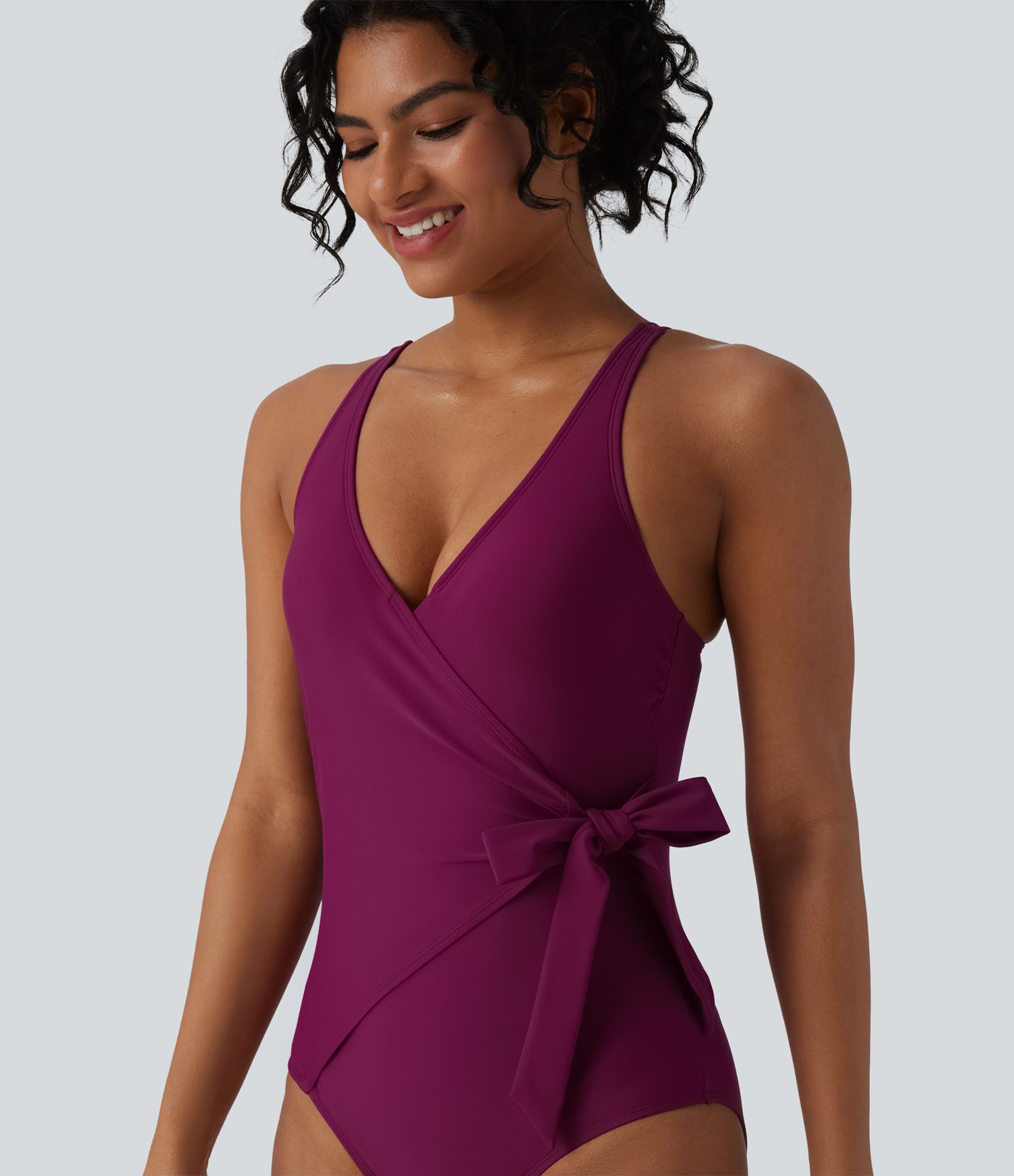 Einteiliger Badeanzug mit V-Ausschnitt, Bauchkontrolle, integriertem BH und Bindebändern