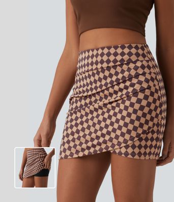 Halara UltraSculpt™ Check Print High Waisted Crossover Hem 2-in-1 Bodycon Mini Casual Skirt