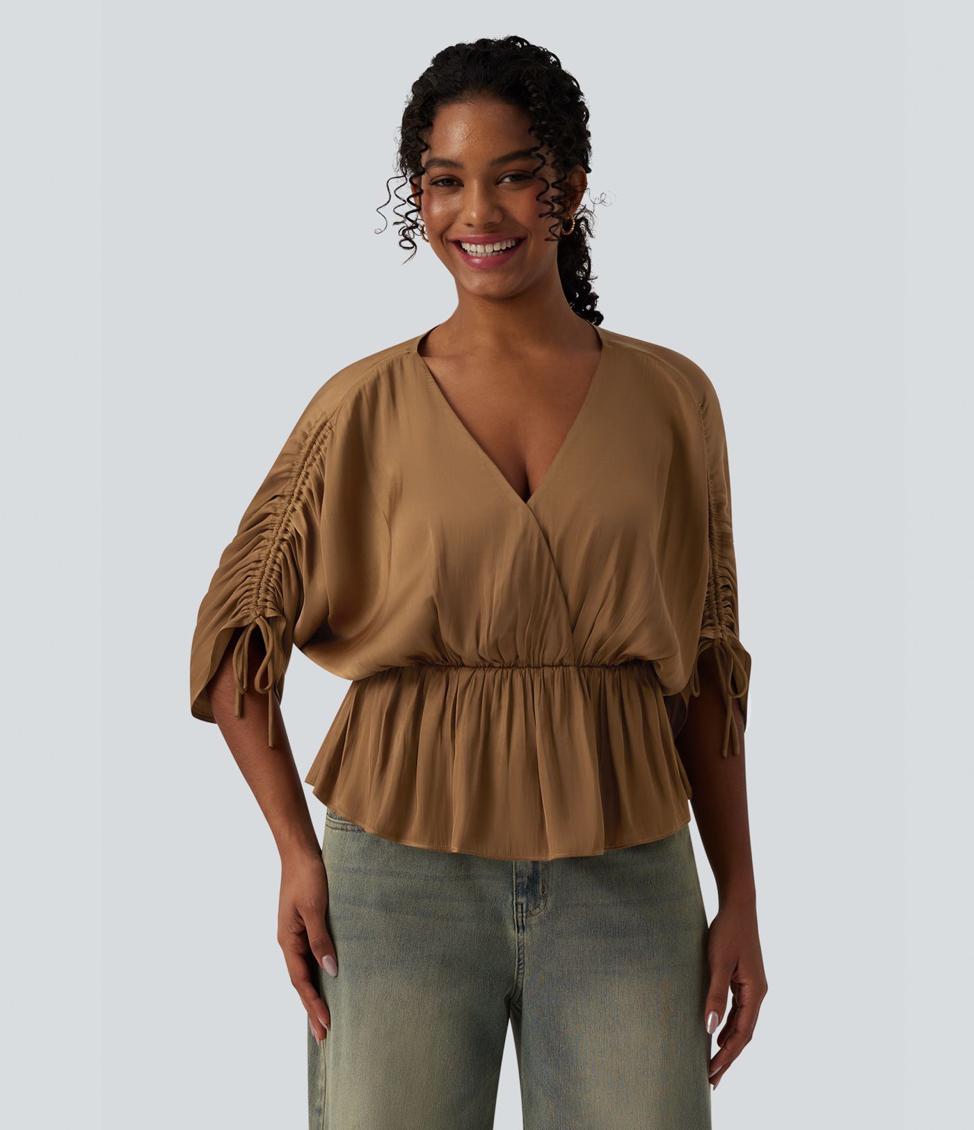 Women's V neck Drawstring Batwing Sleeve Casual Blouse - Halara
