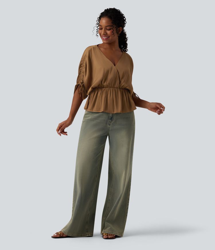 Women's V neck Drawstring Batwing Sleeve Casual Blouse - Halara