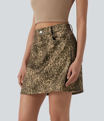 High Waisted Leopard Print Micro Casual A-line Skirt with Pockets