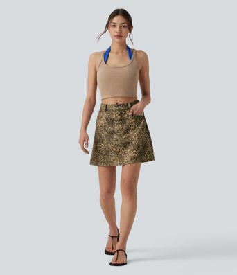 High Waisted Leopard Print Micro Casual A-line Skirt with Pockets