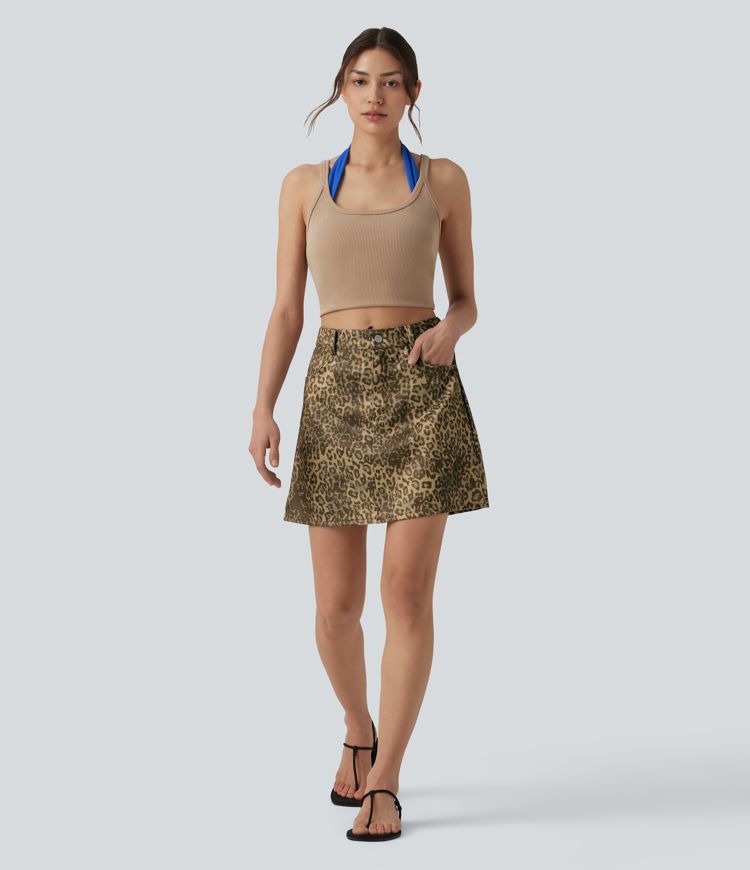 High Waisted Leopard Print Micro Casual A-line Skirt with Pockets