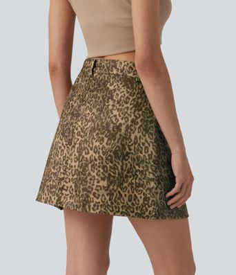 High Waisted Leopard Print Micro Casual A-line Skirt with Pockets