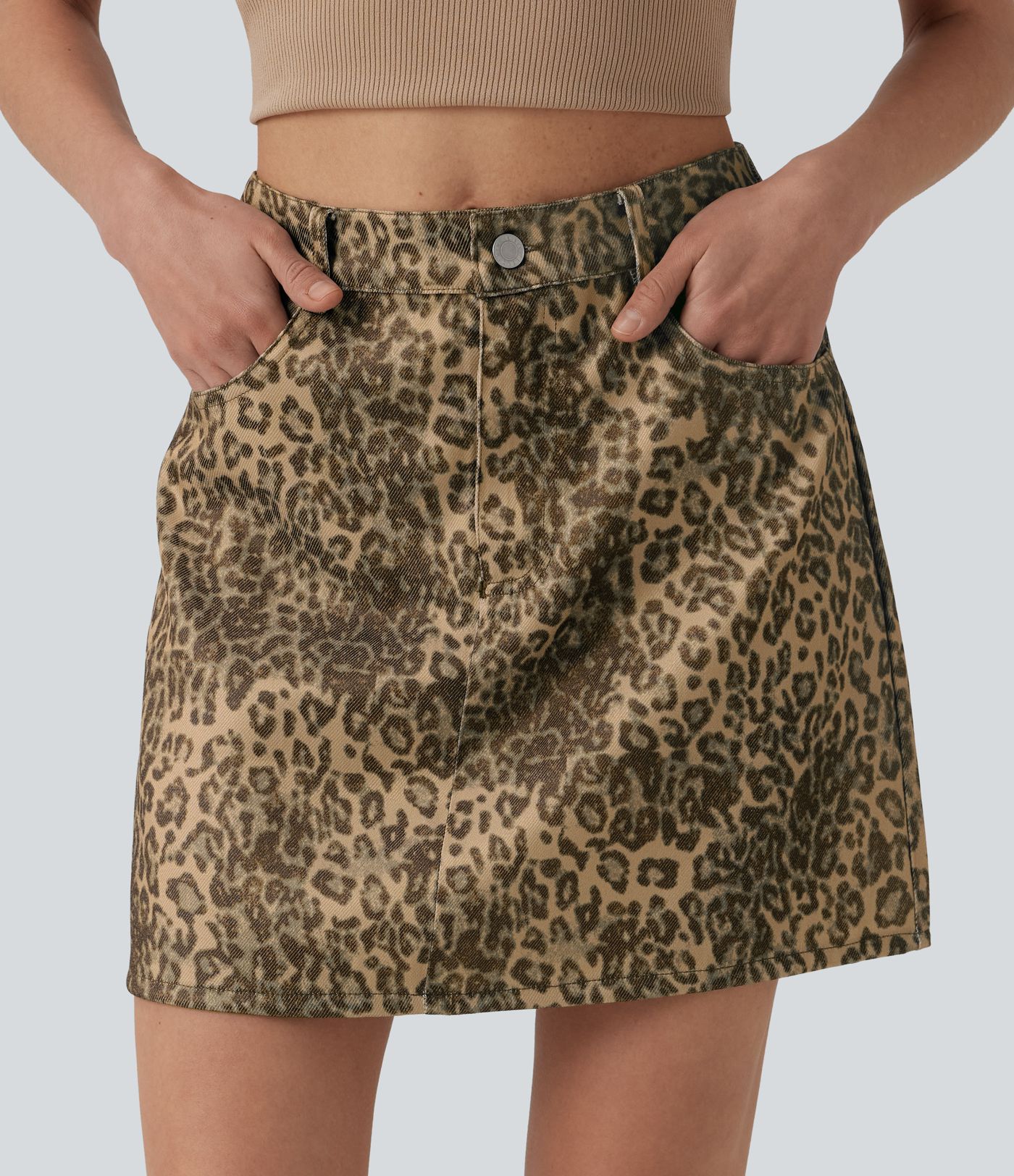 High Waisted Leopard Print Micro Casual A-line Skirt with Pockets