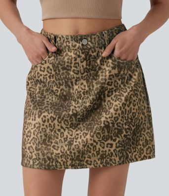 High Waisted Leopard Print Micro Casual A-line Skirt with Pockets