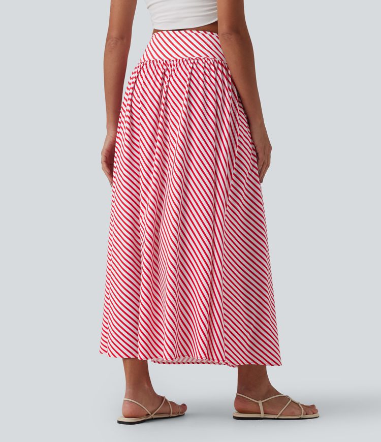 High Waisted Stripe Maxi Casual Flowy Skirt with Pockets