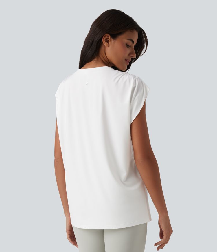 Top de sport yoga ample col rond sans manches avec fronces