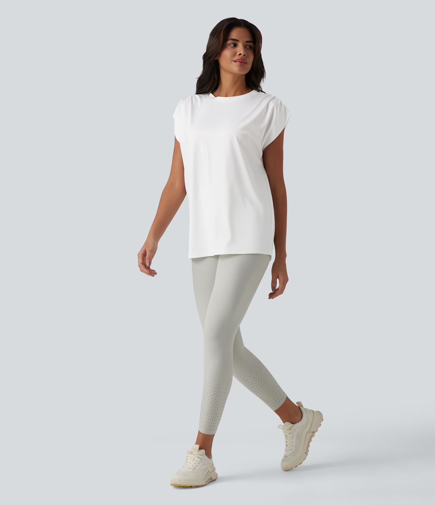 Top de sport yoga ample col rond sans manches avec fronces