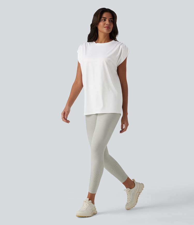 Top de sport yoga ample col rond sans manches avec fronces