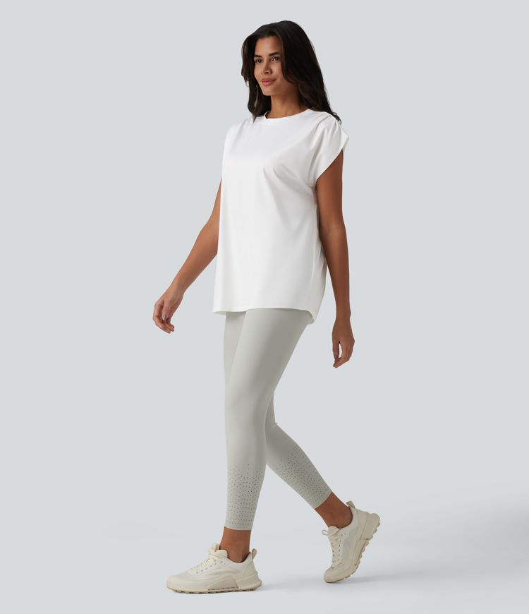 Top de sport yoga ample col rond sans manches avec fronces