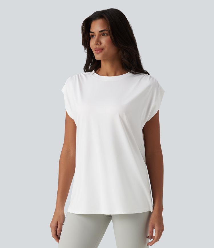 Top de sport yoga ample col rond sans manches avec fronces