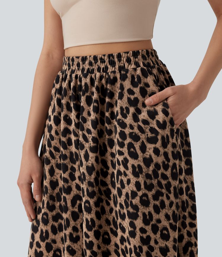 Lässige, hoch taillierte Jogginghose aus Waffelstoff mit fließendem Herbst, Leopardenmuster und Taschen.