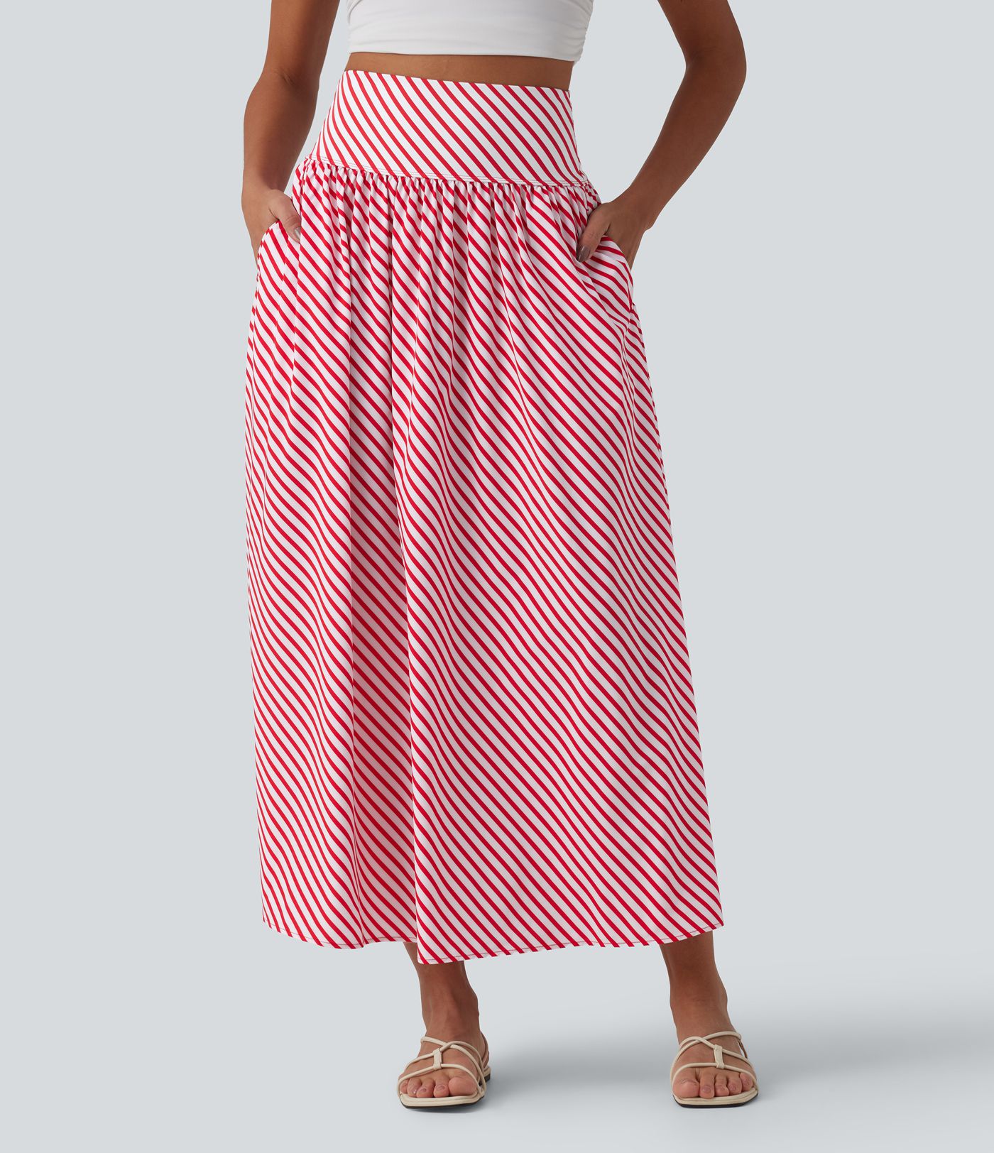 High Waisted Stripe Maxi Casual Flowy Skirt with Pockets