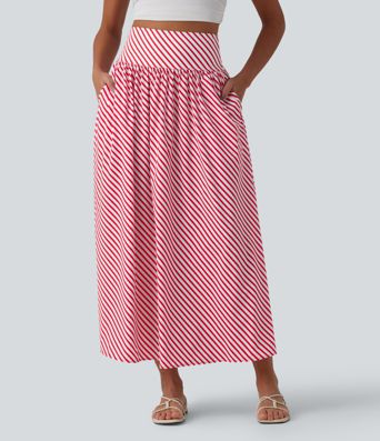High Waisted Stripe Maxi Casual Flowy Skirt with Pockets